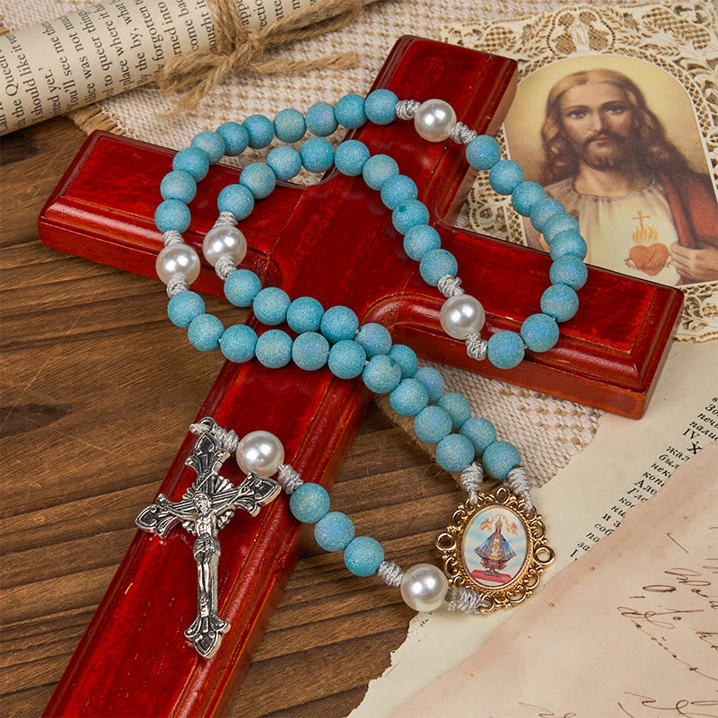 Christiandiscipleshop Our Lady & Crucifix of 8mm Sparkling Glass Sand Bead Handmade Rosary