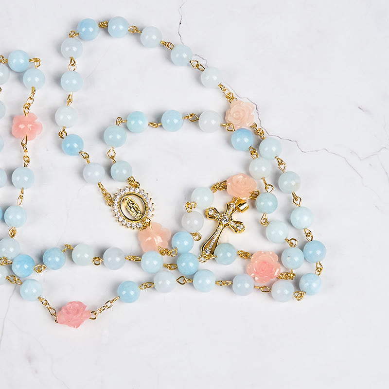 Christiandiscipleshop Our Lady of Guadalupe & Crucifix of 8mm Handmade Blue Aquamarine Chalcedony Beads Rosary