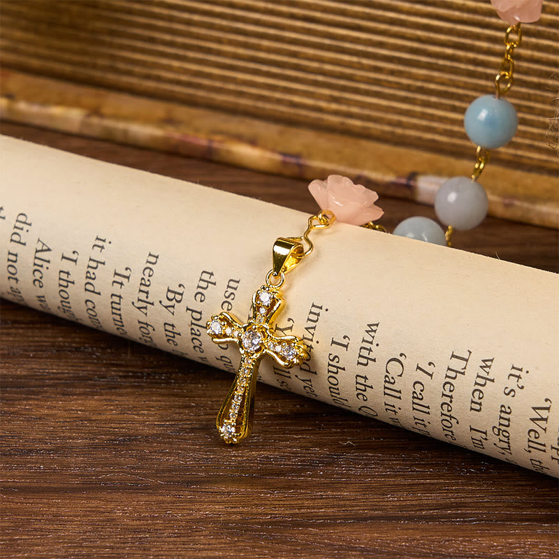 Christiandiscipleshop Our Lady of Guadalupe & Crucifix of 8mm Handmade Blue Aquamarine Chalcedony Beads Rosary