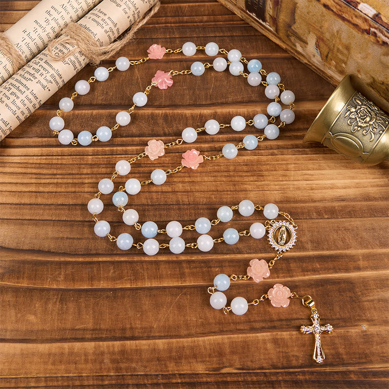 Christiandiscipleshop Our Lady of Guadalupe & Crucifix of 8mm Handmade Blue Aquamarine Chalcedony Beads Rosary