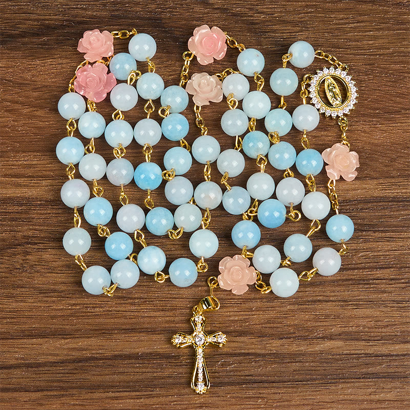 Christiandiscipleshop Our Lady of Guadalupe & Crucifix of 8mm Handmade Blue Aquamarine Chalcedony Beads Rosary