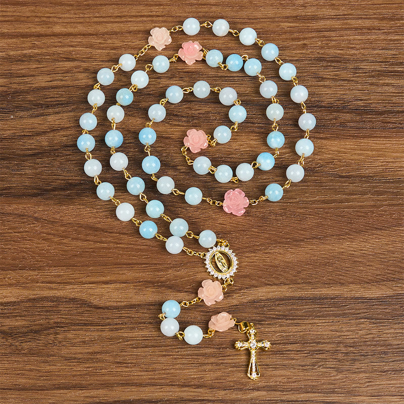 Christiandiscipleshop Our Lady of Guadalupe & Crucifix of 8mm Handmade Blue Aquamarine Chalcedony Beads Rosary