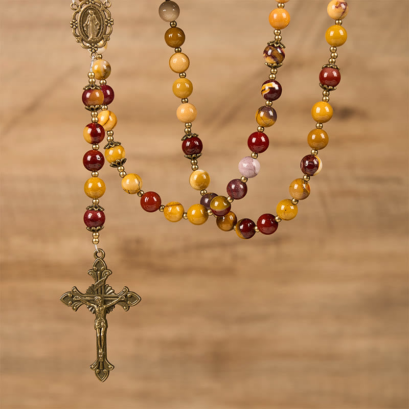 christiandiscipleshop Miraculous Medal & Crucifix of 8mm Natural Egg Yolk Jade Rosary - Handcrafted Rosary Beads