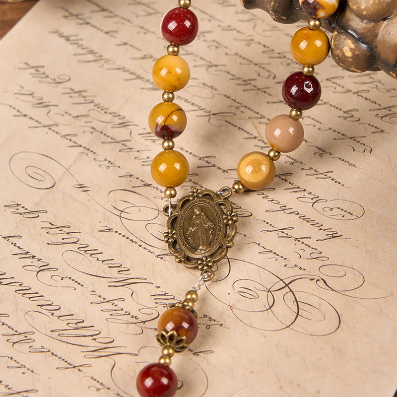 christiandiscipleshop Miraculous Medal & Crucifix of 8mm Natural Egg Yolk Jade Rosary - Handcrafted Rosary Beads