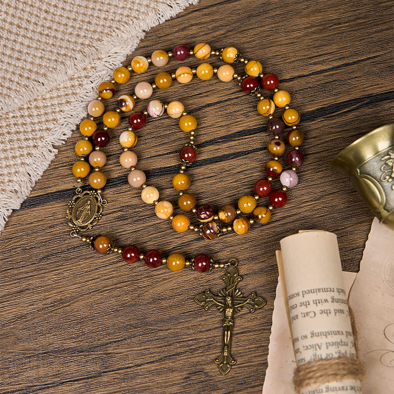 christiandiscipleshop Miraculous Medal & Crucifix of 8mm Natural Egg Yolk Jade Rosary - Handcrafted Rosary Beads