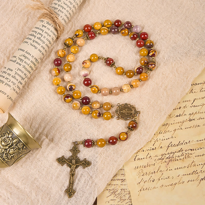 christiandiscipleshop Miraculous Medal & Crucifix of 8mm Natural Egg Yolk Jade Rosary - Handcrafted Rosary Beads