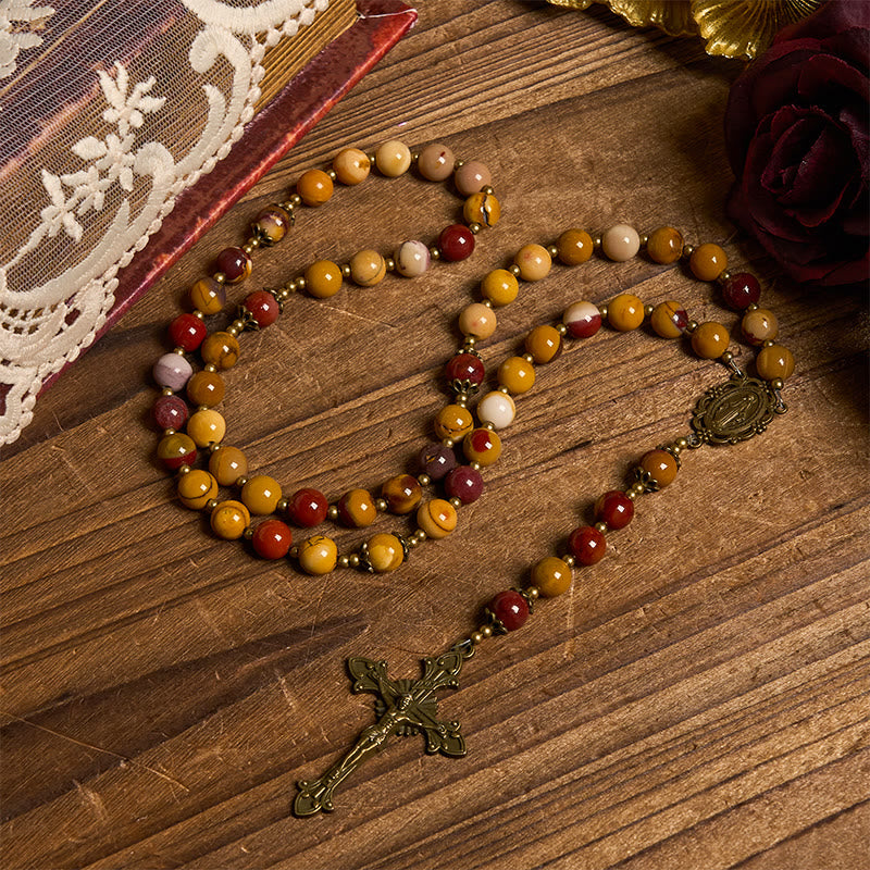 christiandiscipleshop Miraculous Medal & Crucifix of 8mm Natural Egg Yolk Jade Rosary - Handcrafted Rosary Beads