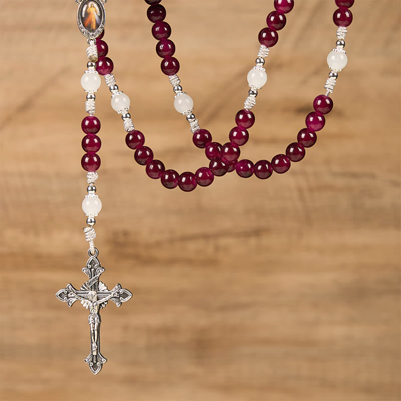 Christiandiscipleshop Divine Mercy & Crucifix of 8mm Garnet Chalcedony Rosary - Handmade Divine Beads
