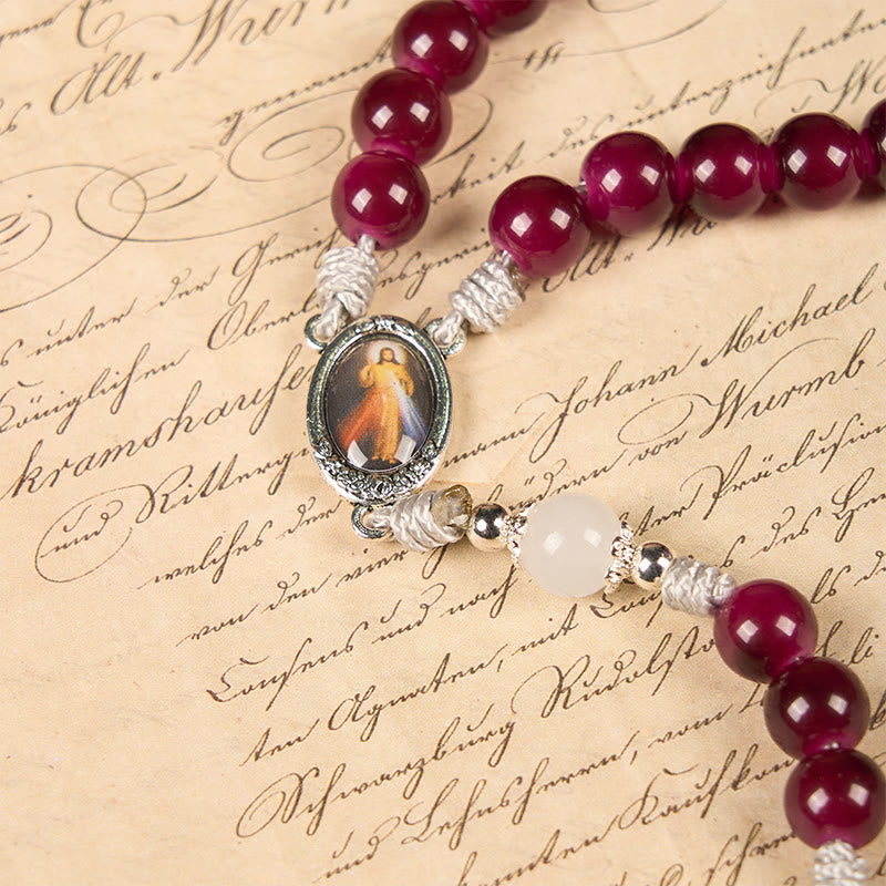 Christiandiscipleshop Divine Mercy & Crucifix of 8mm Garnet Chalcedony Rosary - Handmade Divine Beads