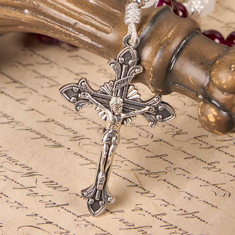 Christiandiscipleshop Divine Mercy & Crucifix of 8mm Garnet Chalcedony Rosary - Handmade Divine Beads
