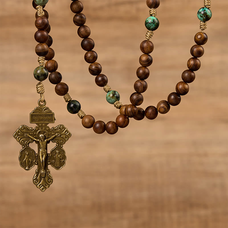 christiandiscipleshop Holy Family & Crucifix of 8mm Handmade Pine Wood & African Turquoise Rosary