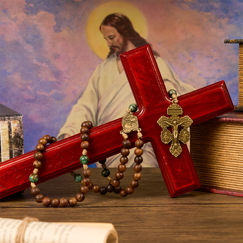 christiandiscipleshop Holy Family & Crucifix of 8mm Handmade Pine Wood & African Turquoise Rosary