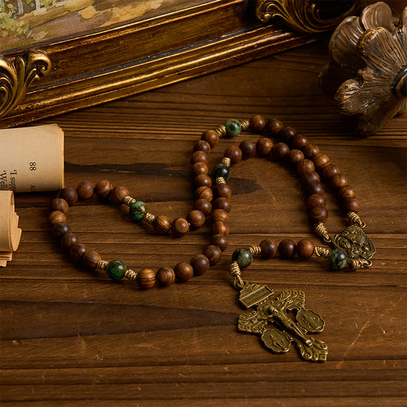 christiandiscipleshop Holy Family & Crucifix of 8mm Handmade Pine Wood & African Turquoise Rosary