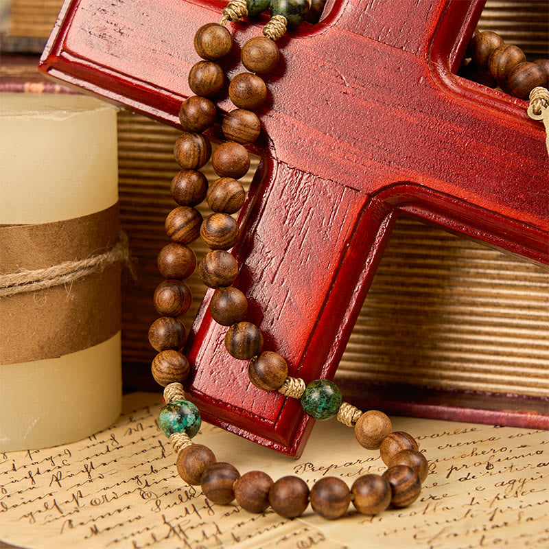 christiandiscipleshop Holy Family & Crucifix of 8mm Handmade Pine Wood & African Turquoise Rosary