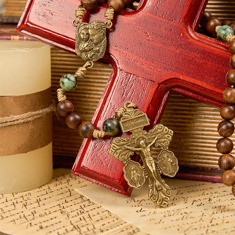 christiandiscipleshop Holy Family & Crucifix of 8mm Handmade Pine Wood & African Turquoise Rosary