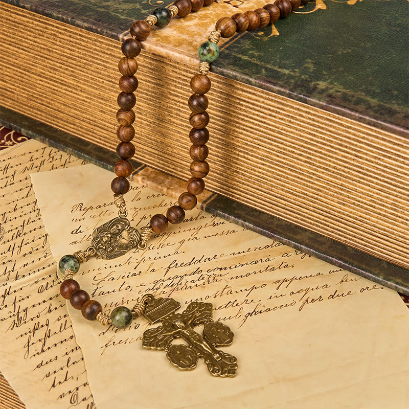 christiandiscipleshop Holy Family & Crucifix of 8mm Handmade Pine Wood & African Turquoise Rosary