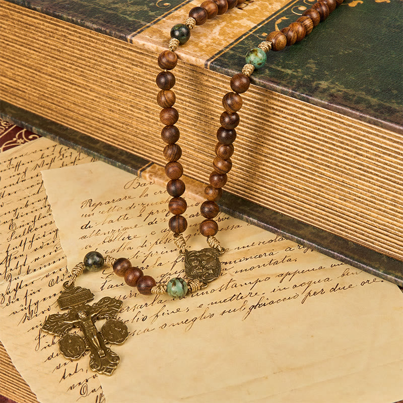 christiandiscipleshop Holy Family & Crucifix of 8mm Handmade Pine Wood & African Turquoise Rosary