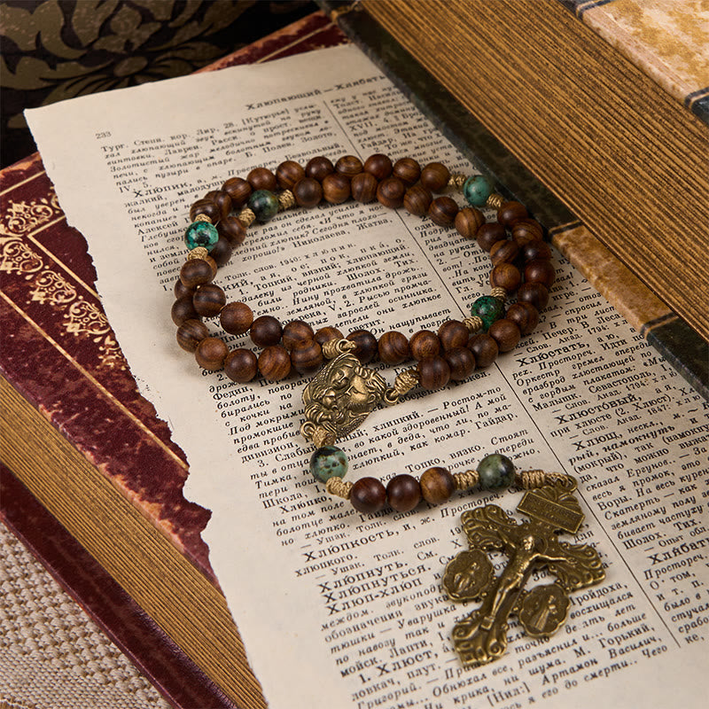 christiandiscipleshop Holy Family & Crucifix of 8mm Handmade Pine Wood & African Turquoise Rosary