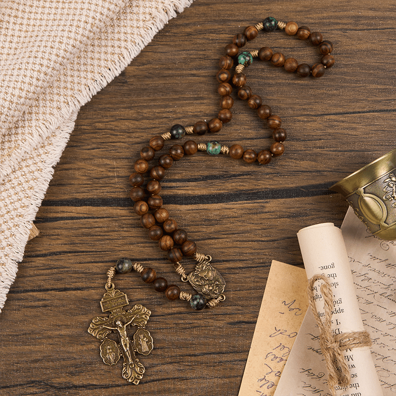christiandiscipleshop Holy Family & Crucifix of 8mm Handmade Pine Wood & African Turquoise Rosary