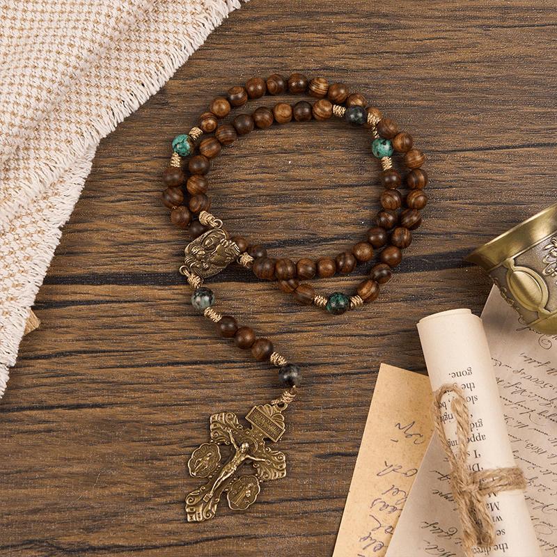 christiandiscipleshop Holy Family & Crucifix of 8mm Handmade Pine Wood & African Turquoise Rosary