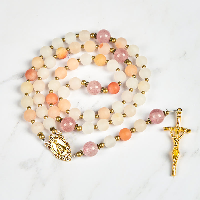 Christiandiscipleshop Our Lady & Crucifix of 8mm Handmade Pink Aventurine & Strawberry Quartz Rosary