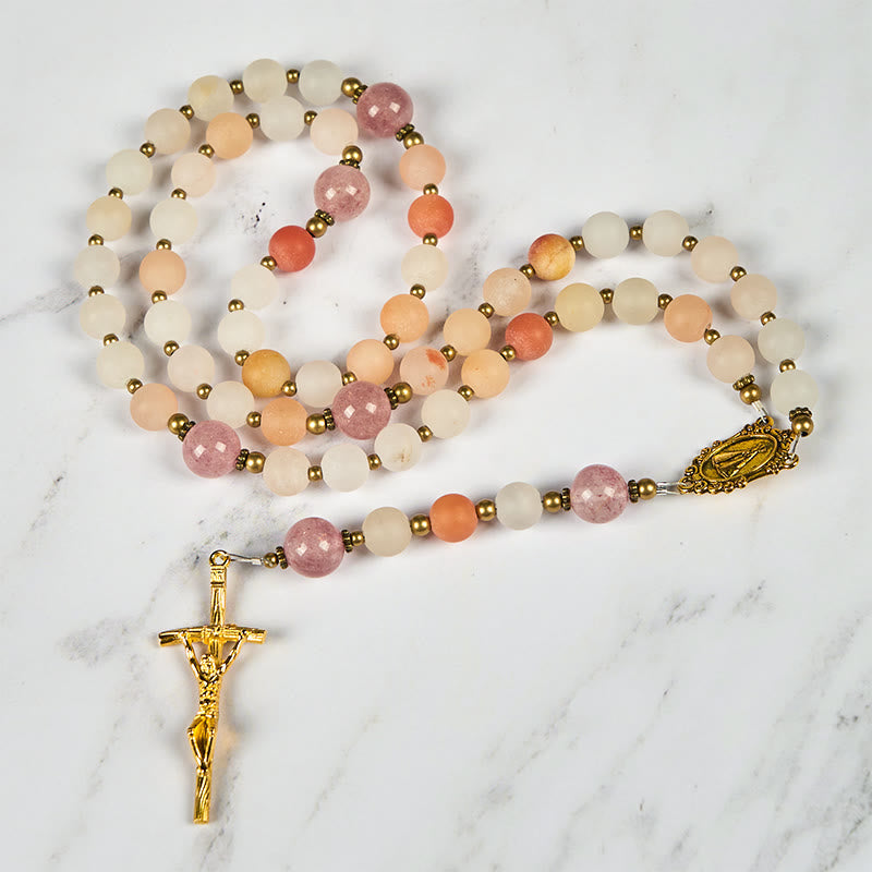 Christiandiscipleshop Our Lady & Crucifix of 8mm Handmade Pink Aventurine & Strawberry Quartz Rosary