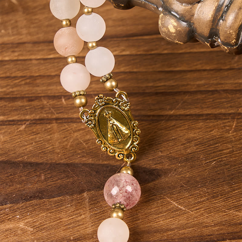 Christiandiscipleshop Our Lady & Crucifix of 8mm Handmade Pink Aventurine & Strawberry Quartz Rosary