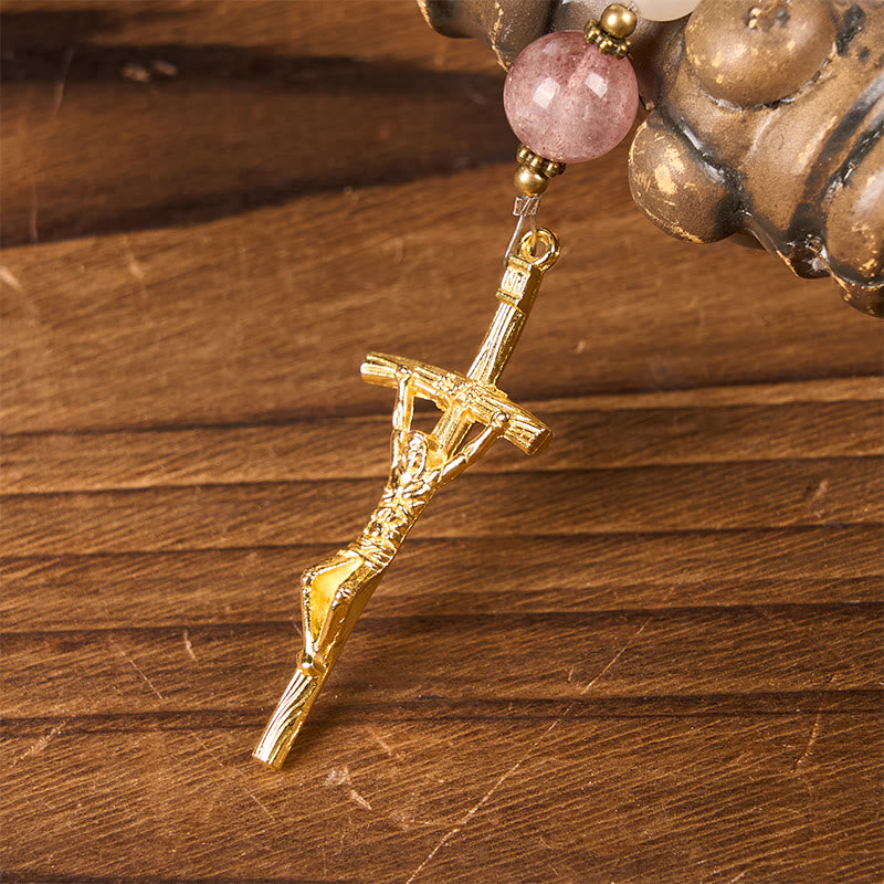 Christiandiscipleshop Our Lady & Crucifix of 8mm Handmade Pink Aventurine & Strawberry Quartz Rosary