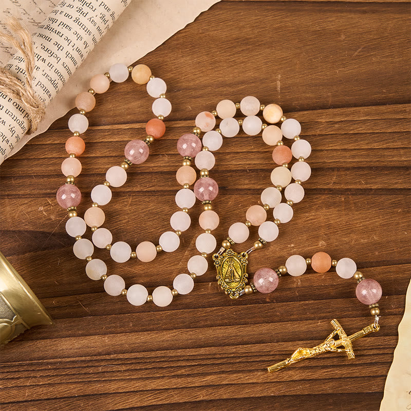 Christiandiscipleshop Our Lady & Crucifix of 8mm Handmade Pink Aventurine & Strawberry Quartz Rosary
