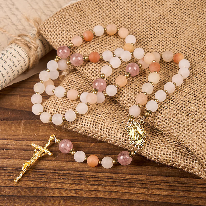 Christiandiscipleshop Our Lady & Crucifix of 8mm Handmade Pink Aventurine & Strawberry Quartz Rosary