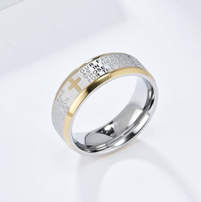 christiandiscipleshop Lord's Prayer Cross Stainless Steel Wedding Band Bible Verse Engraved Ring