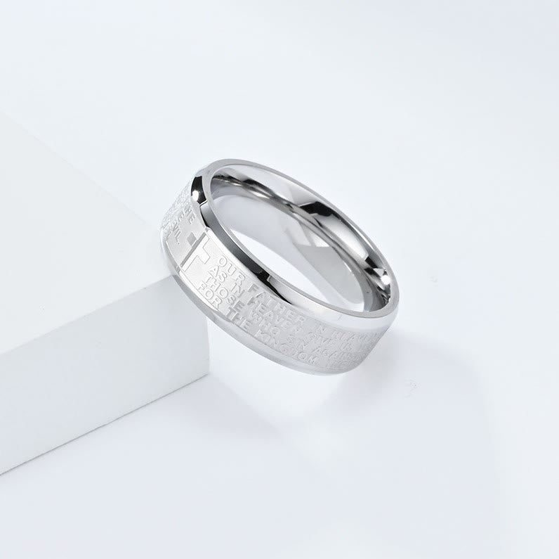 christiandiscipleshop Lord's Prayer Cross Stainless Steel Wedding Band Bible Verse Engraved Ring