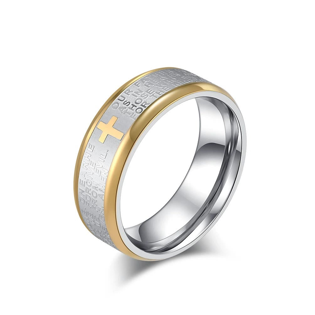 christiandiscipleshop Lord's Prayer Cross Stainless Steel Wedding Band Bible Verse Engraved Ring