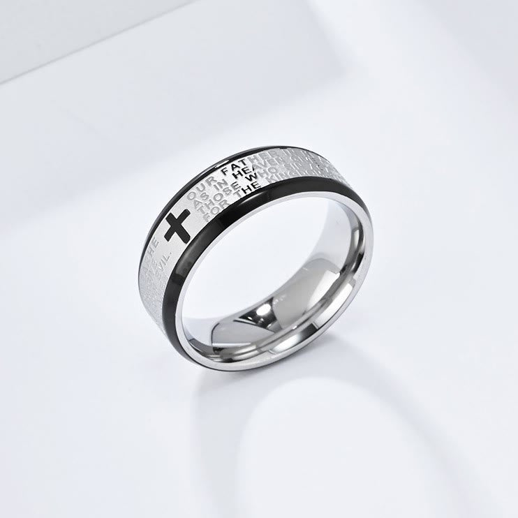 christiandiscipleshop Lord's Prayer Cross Stainless Steel Wedding Band Bible Verse Engraved Ring