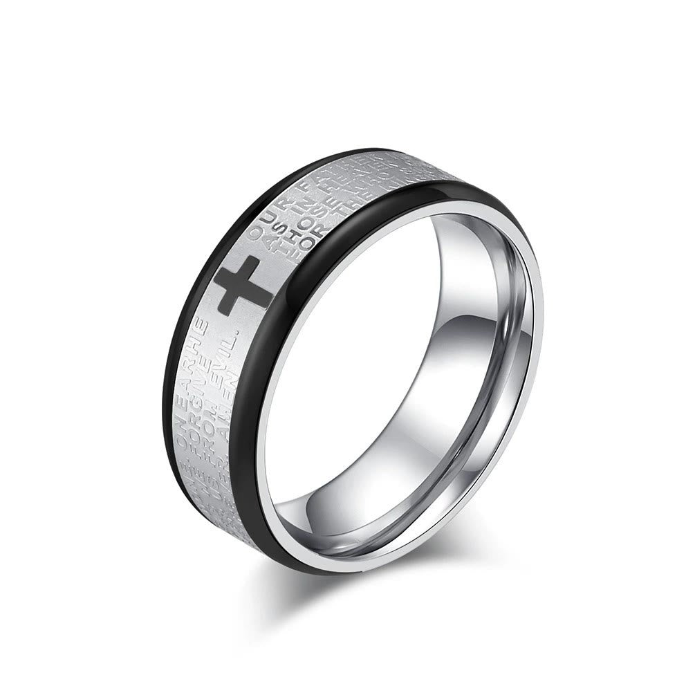 christiandiscipleshop Lord's Prayer Cross Stainless Steel Wedding Band Bible Verse Engraved Ring