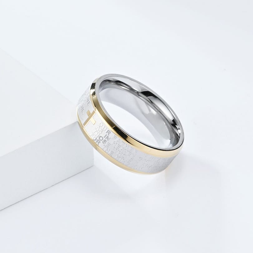 christiandiscipleshop Lord's Prayer Cross Stainless Steel Wedding Band Bible Verse Engraved Ring