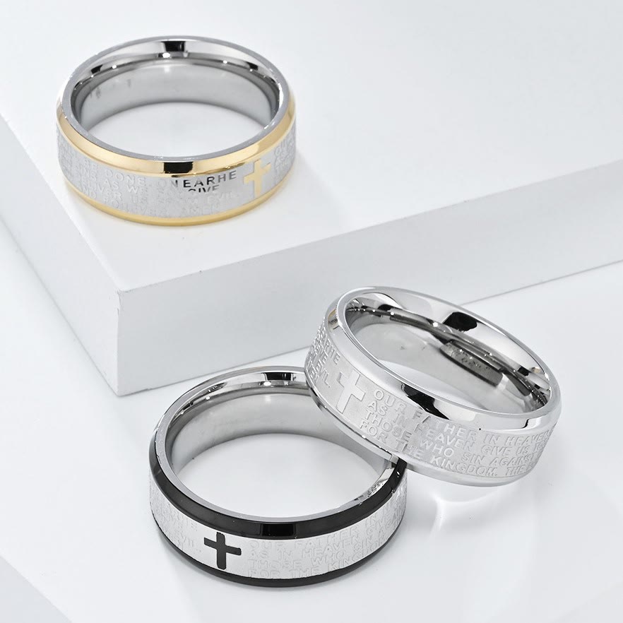 christiandiscipleshop Lord's Prayer Cross Stainless Steel Wedding Band Bible Verse Engraved Ring