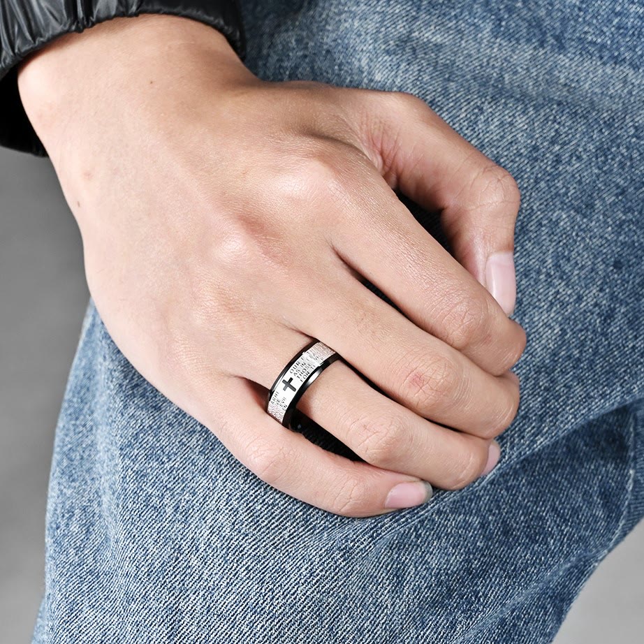 christiandiscipleshop Lord's Prayer Cross Stainless Steel Wedding Band Bible Verse Engraved Ring