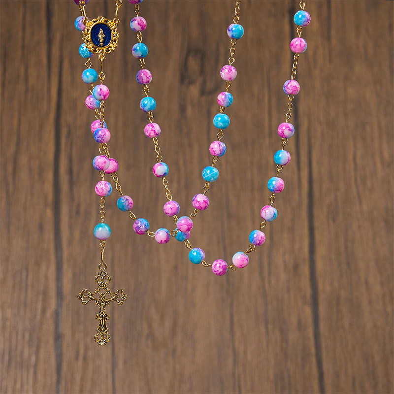 Christiandiscipleshop Divine Harmony Handmade Floral Rosary: Miraculous Medal & Crucifix of 8mm Blue&Purple