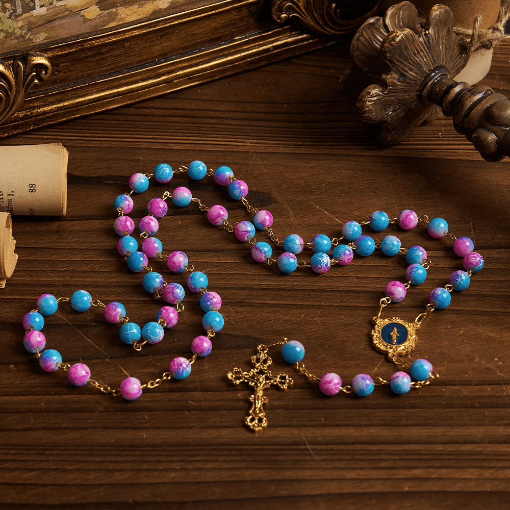 Christiandiscipleshop Divine Harmony Handmade Floral Rosary: Miraculous Medal & Crucifix of 8mm Blue&Purple
