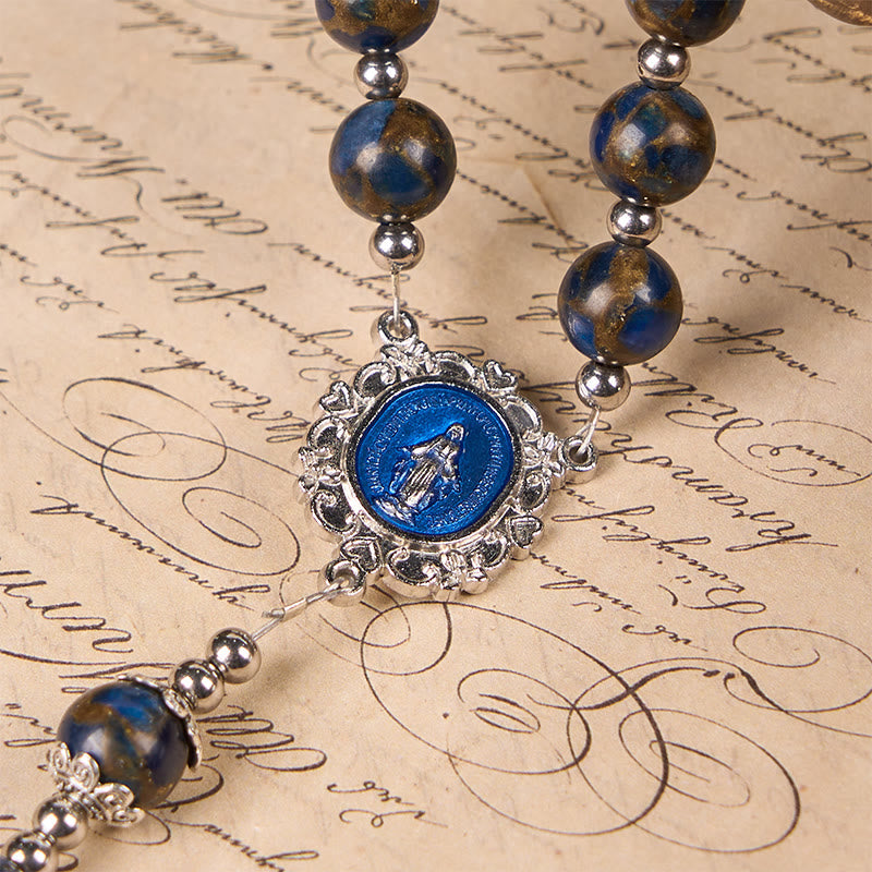 christiandiscipleshop Virgin Mary & Blue Crucifix of 8mm Blue Gold Stone Beads Rosary