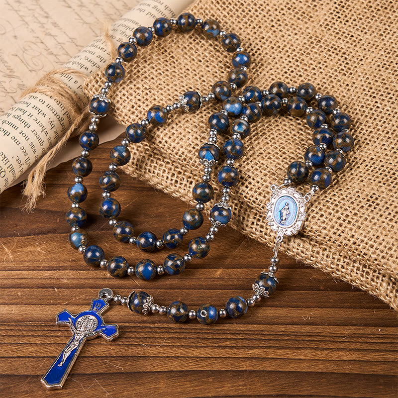 christiandiscipleshop Virgin Mary & Blue Crucifix of 8mm Blue Gold Stone Beads Rosary