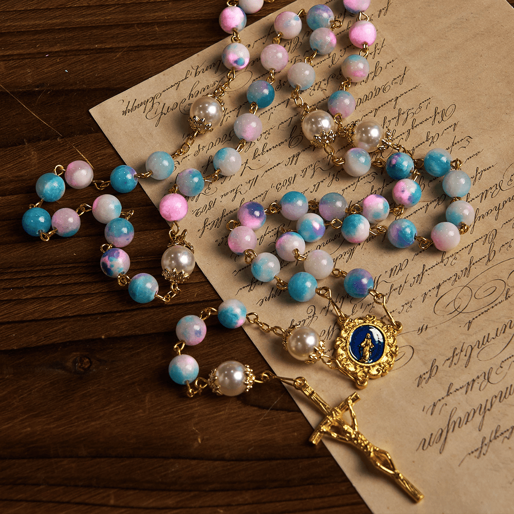 Christianartworkshop Celestial Grace Floral Handmade Rosary Miraculous Medal & Crucifix of 8mm Blue&Purple: Find Peace and Divine Connection