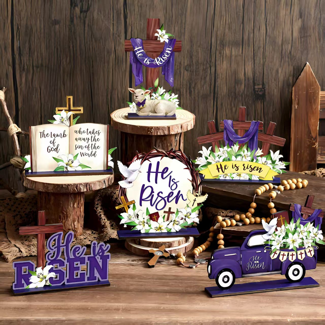 Christianartworkshop 6pcs/set "He Is Risen" - Inspirational Wooden Easter Decor Ornament