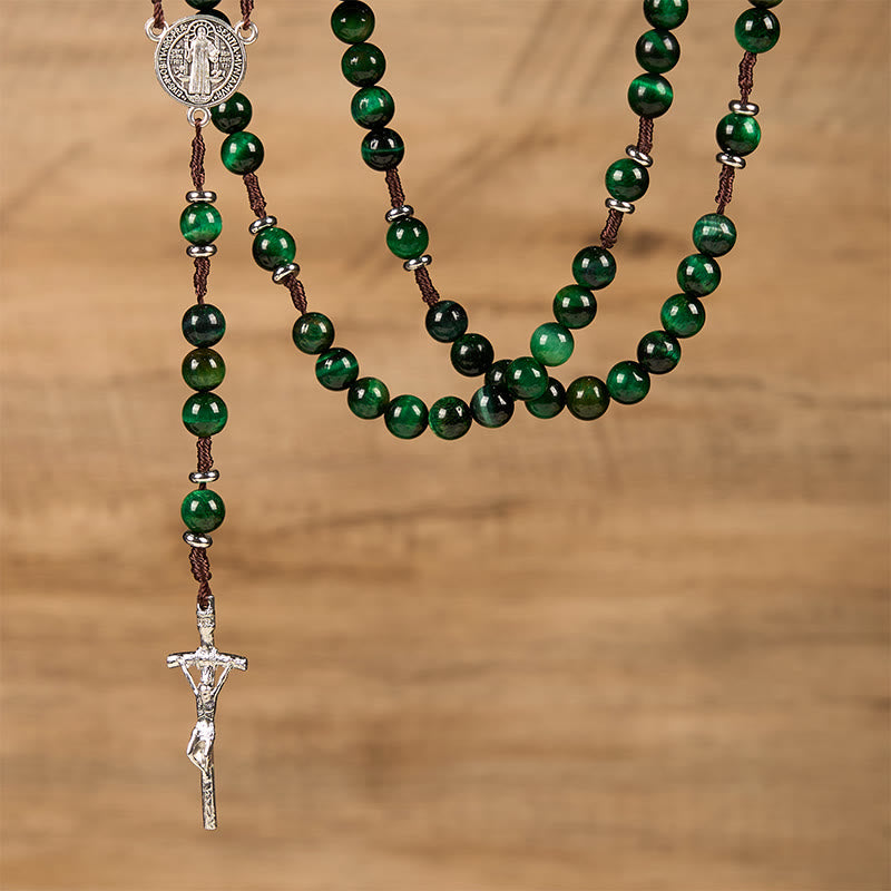 Christiandiscipleshop St. Benedict Medal & Crucifix of 8mm Green Tiger's Eye Rosary—Discover Tranquility and Spiritual Strength