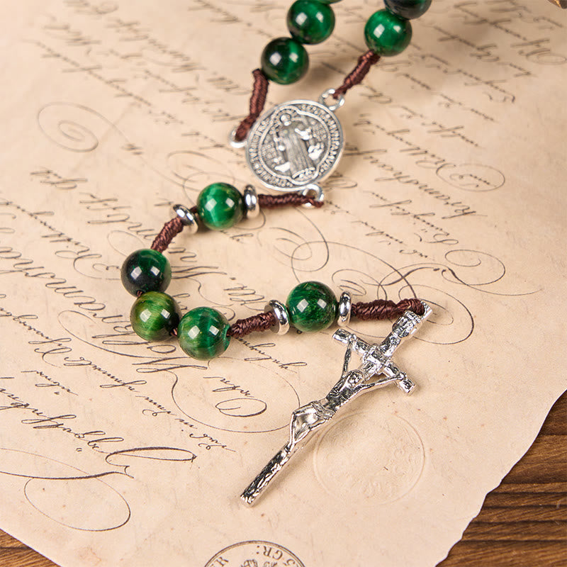 Christiandiscipleshop St. Benedict Medal & Crucifix of 8mm Green Tiger's Eye Rosary—Discover Tranquility and Spiritual Strength