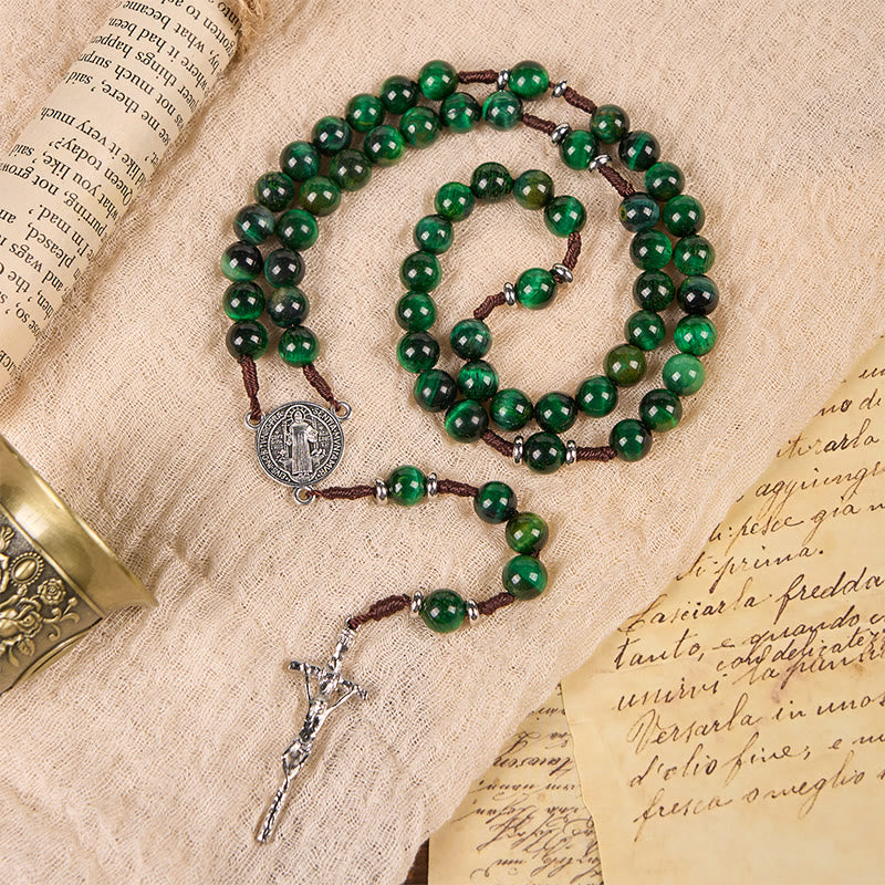 Christiandiscipleshop St. Benedict Medal & Crucifix of 8mm Green Tiger's Eye Rosary—Discover Tranquility and Spiritual Strength