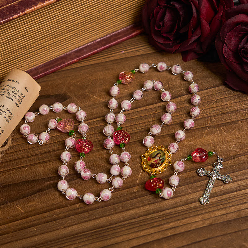 Christiandiscipleshop St. Therese Medal & Crucifix of 8mm Rose & Ivory Floral Elegance Rosary—Embrace the Grace and Beauty of Faith