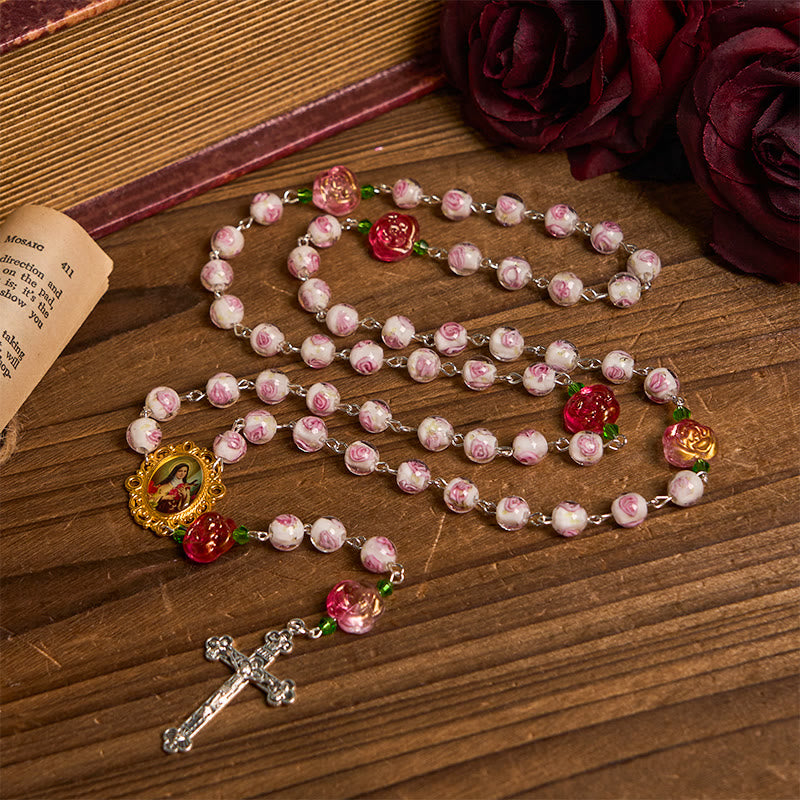 Christiandiscipleshop St. Therese Medal & Crucifix of 8mm Rose & Ivory Floral Elegance Rosary—Embrace the Grace and Beauty of Faith