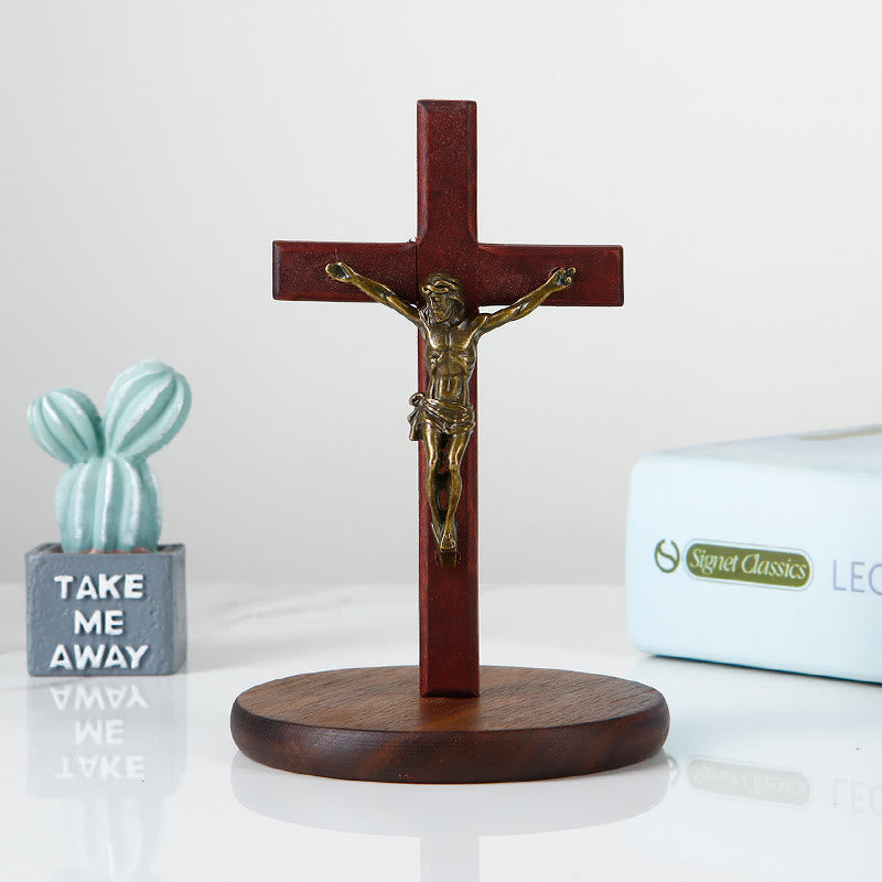 Christianartworkshop Bronze&Silver Wooden Jesus Crucifx Desktop Ornament